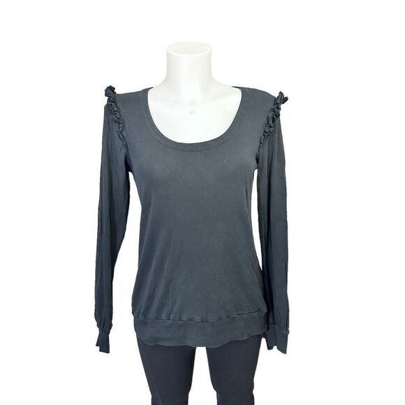 CHASER‎ Black Scoop Neck Ruffled Shoulder Long sleeve Top in medium Cotton - Picture 4 of 8